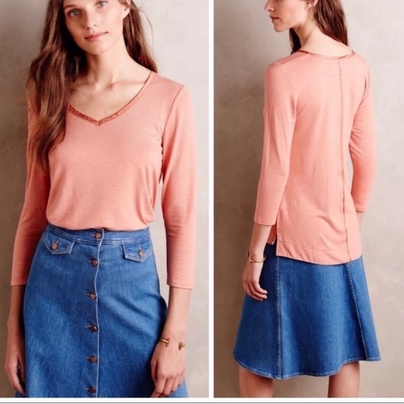 Anthropologie Tops - ANTHROPOLOGIE satin trim v-neck tee top